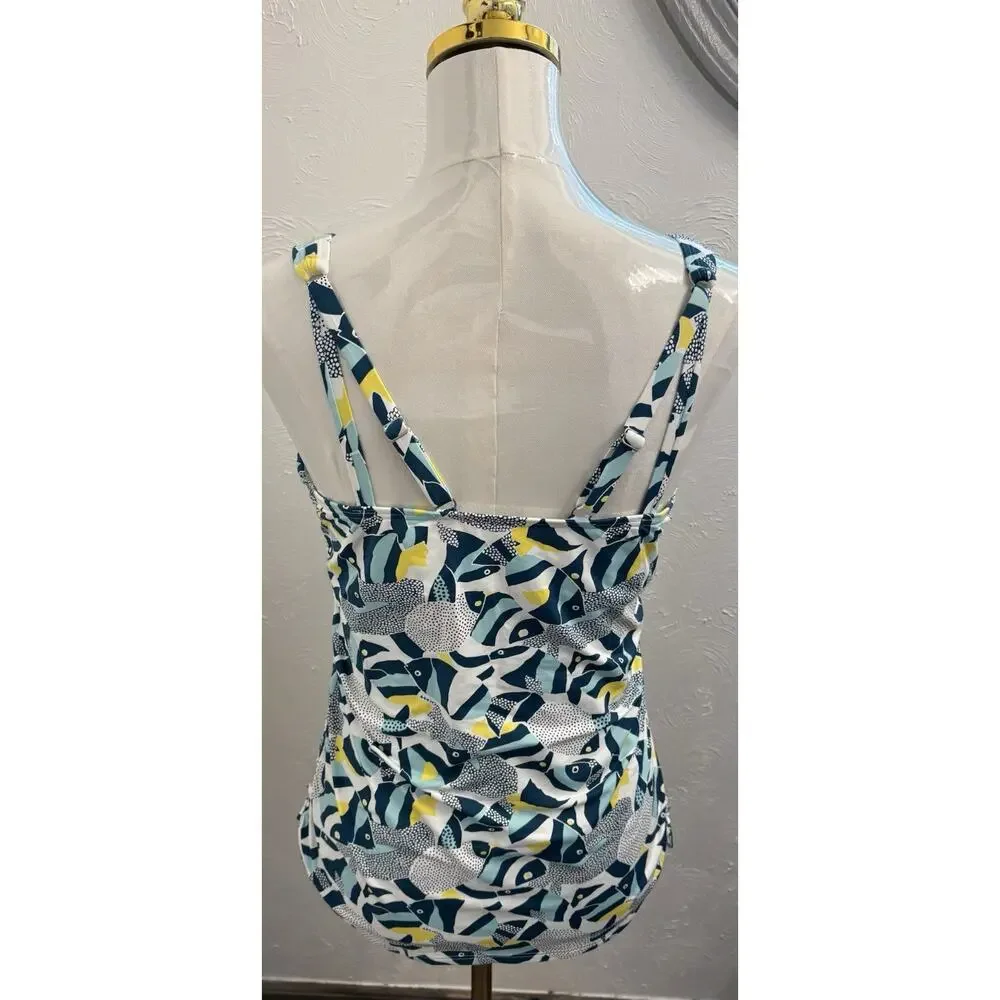 Lands' End Womens Chlorine Resistant High Neck Tankini Top Size 10 Fish Runched